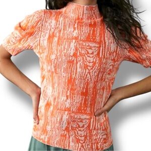 Anthropologie Maeve Bosca Jacquard Short Sleeve Sweater Mock Neck Orange M